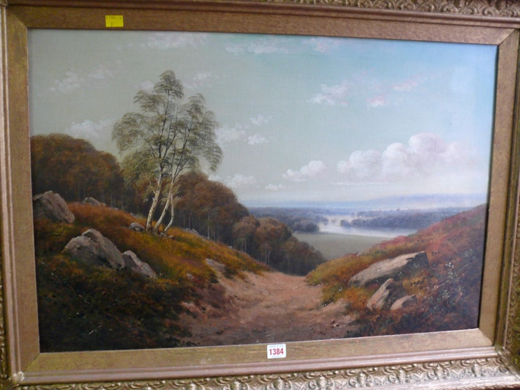 English School, a country path with river beyond, unsigned, oil on canvas, 50 x 75cm.