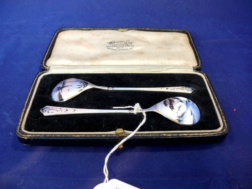 A cased pair of Norwegian silver and enamel preserve spoons. by Aksel Holmsen, import mark for