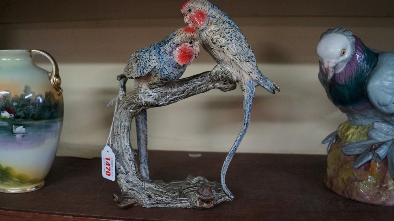 A cold painted figure group of budgerigars, 24.5cm high.