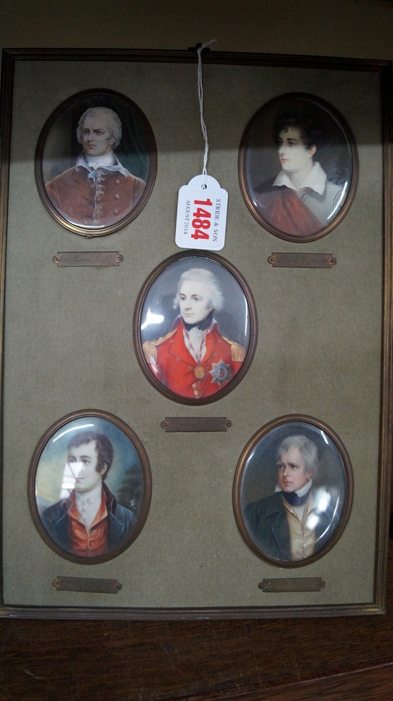 A framed display of five portrait miniatures, depicting: William Pitt; Lord Byron; Admiral Nelson;