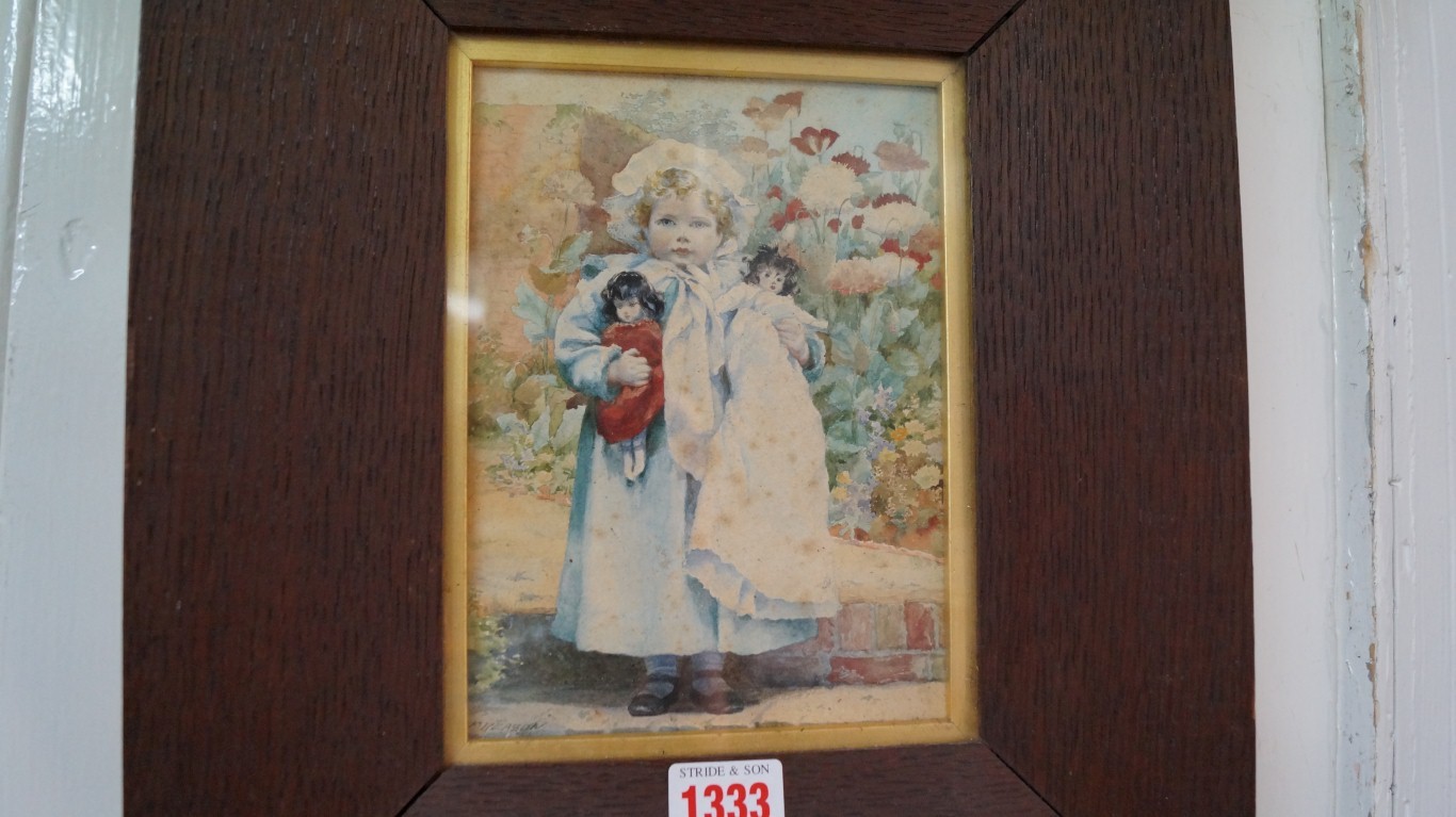 F Reason, young girl with two dolls, signed, watercolour, 18.5 x 13.5cm.