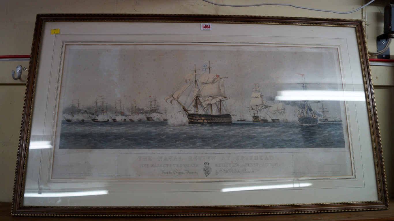 After T G Dutton, 'The Naval Review at Spithead', colour print, 38 x 81cm; together with another