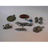 A Danish .925 longboat brooch, and seven other items to include a set of four silver buttons