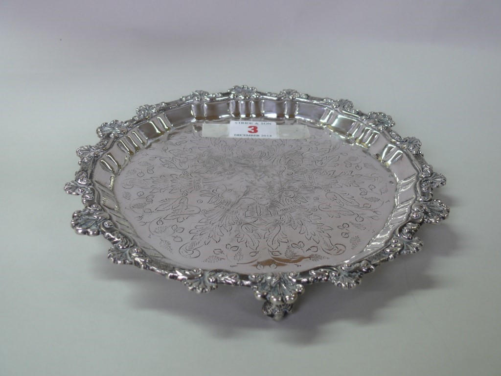 A Spanish white metal card tray or salve