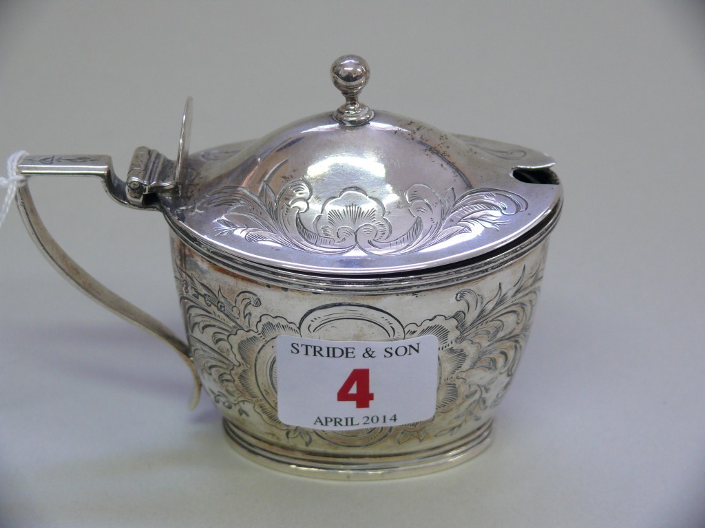 A George III silver oval mustard pot, by John Emes, London 1802, having blue glass liner and later