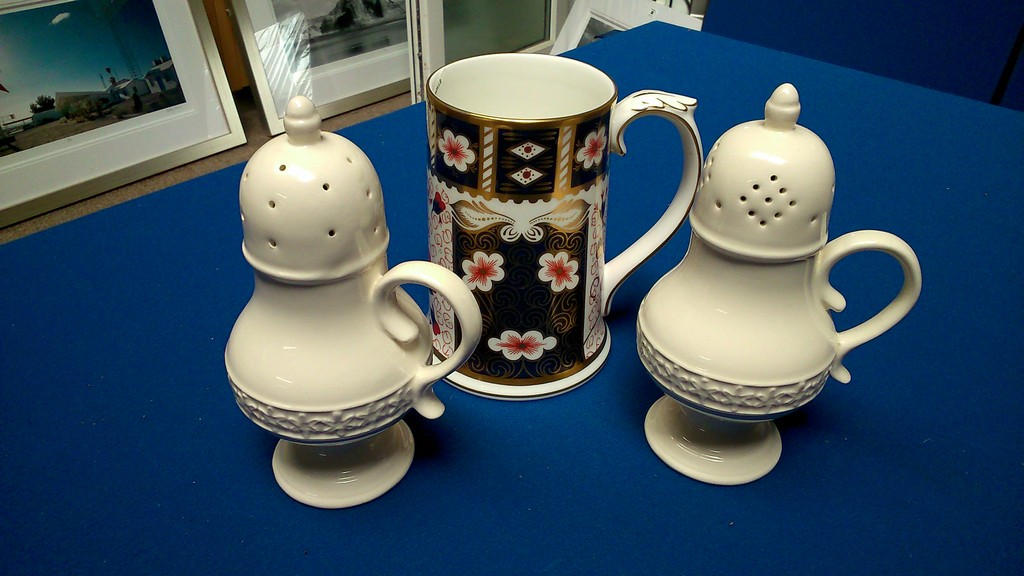 Crown Derby Mug and 2 Creamware