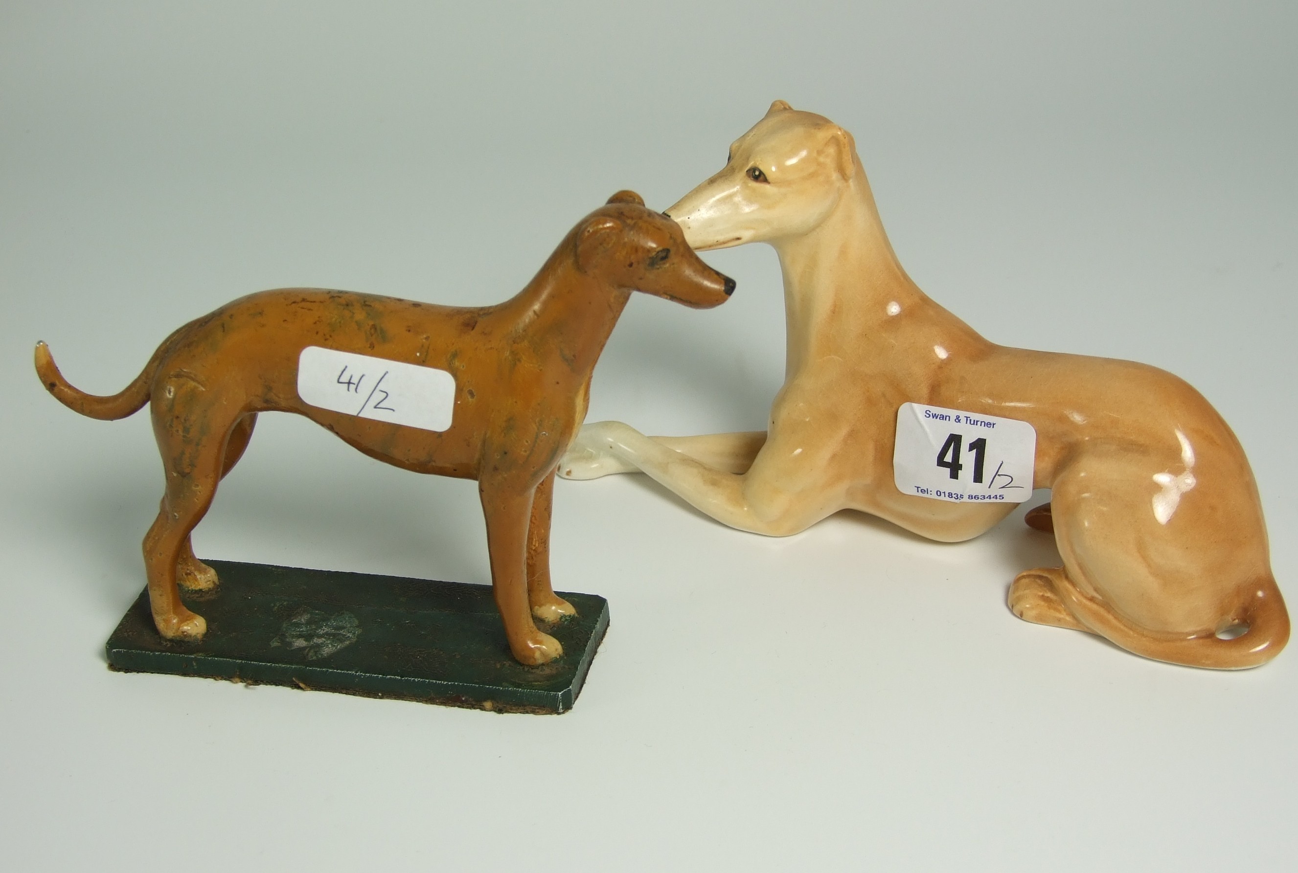 Painted Metal Figure of a Greyhound plus Porcelain Greyhound.