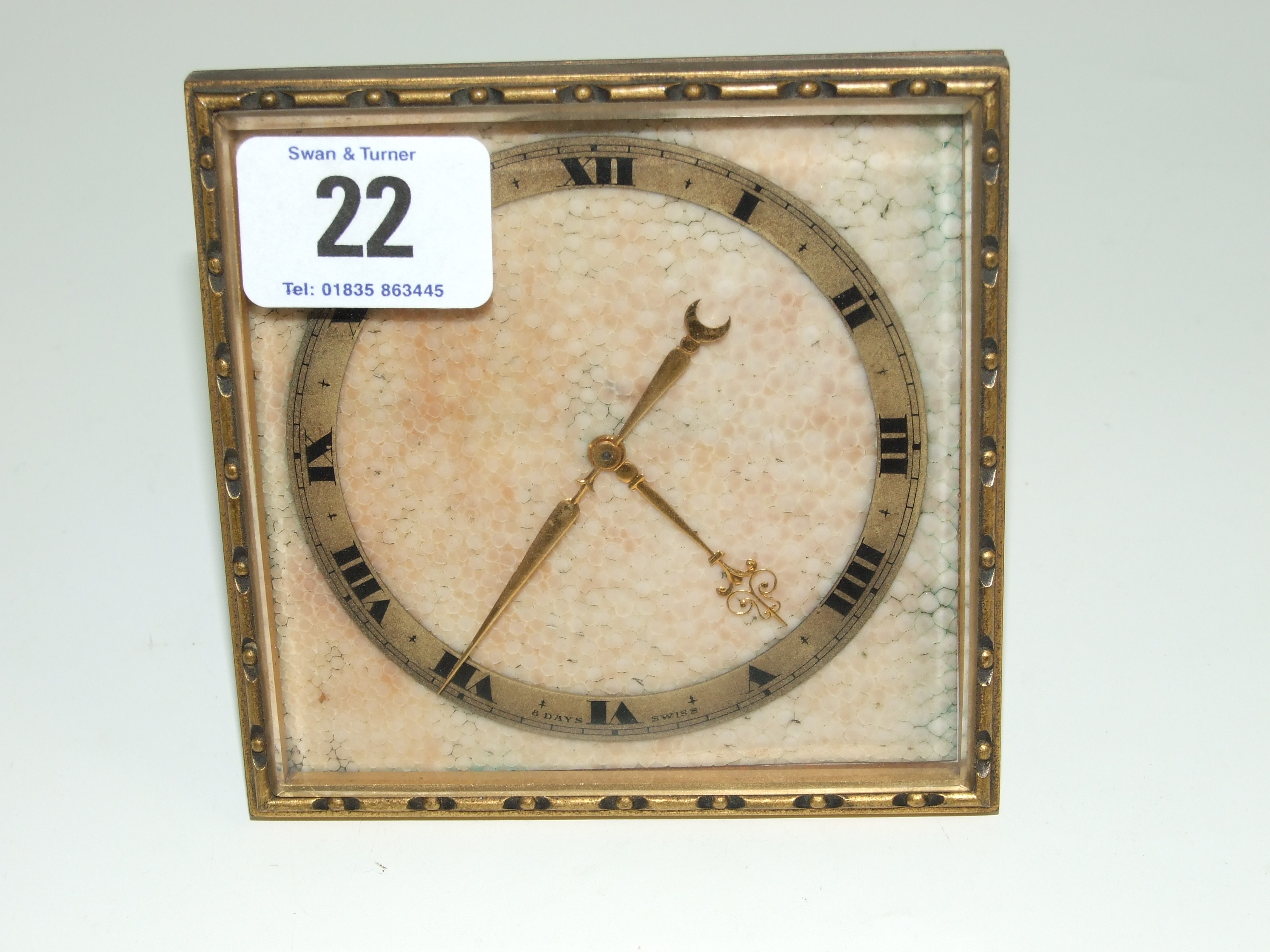 Gilt Metal 8 Day Boudoir Clock with Shagreen Face