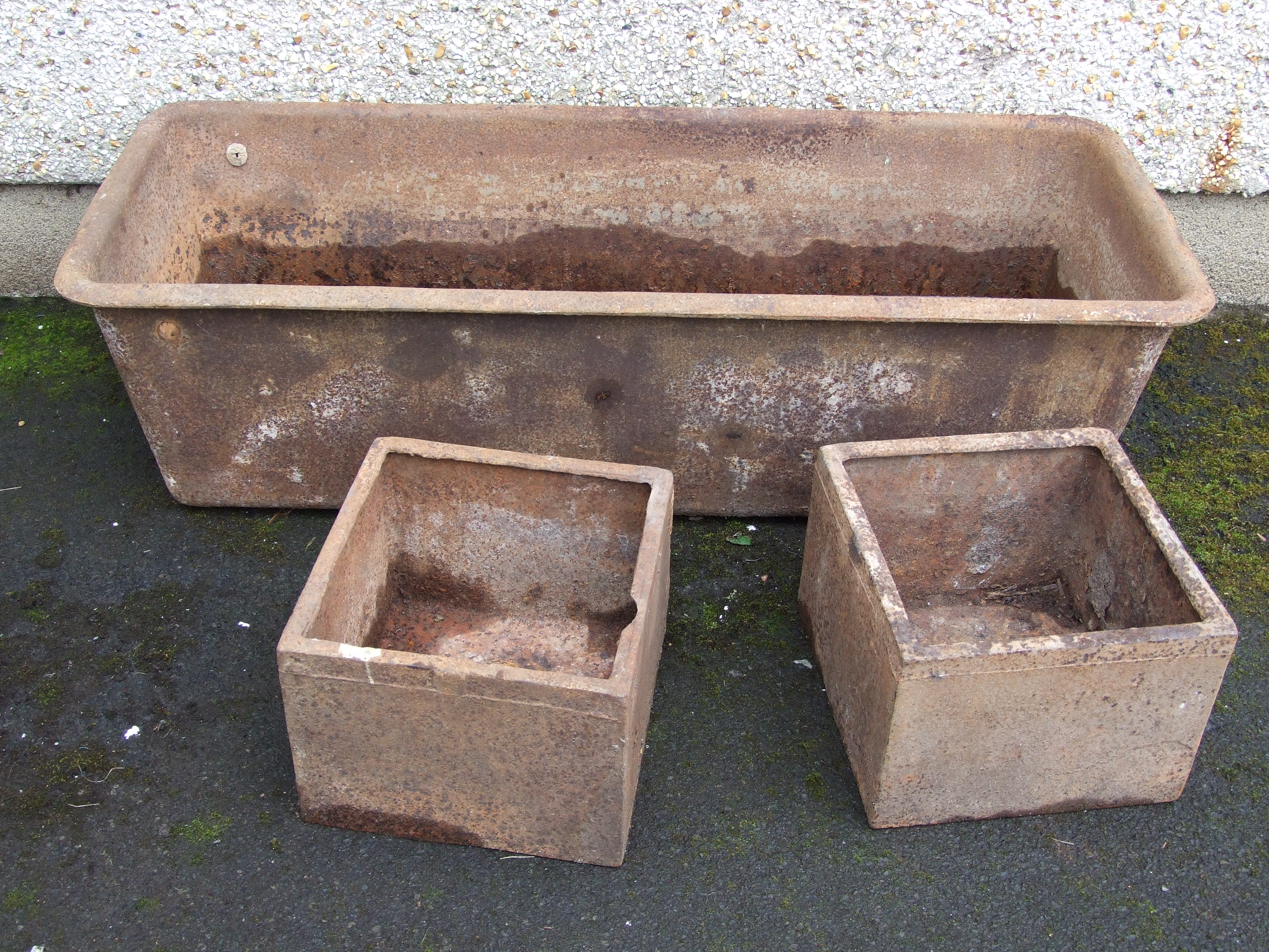 Cast Iron Trough and 2 Cast Iron Square Tubs