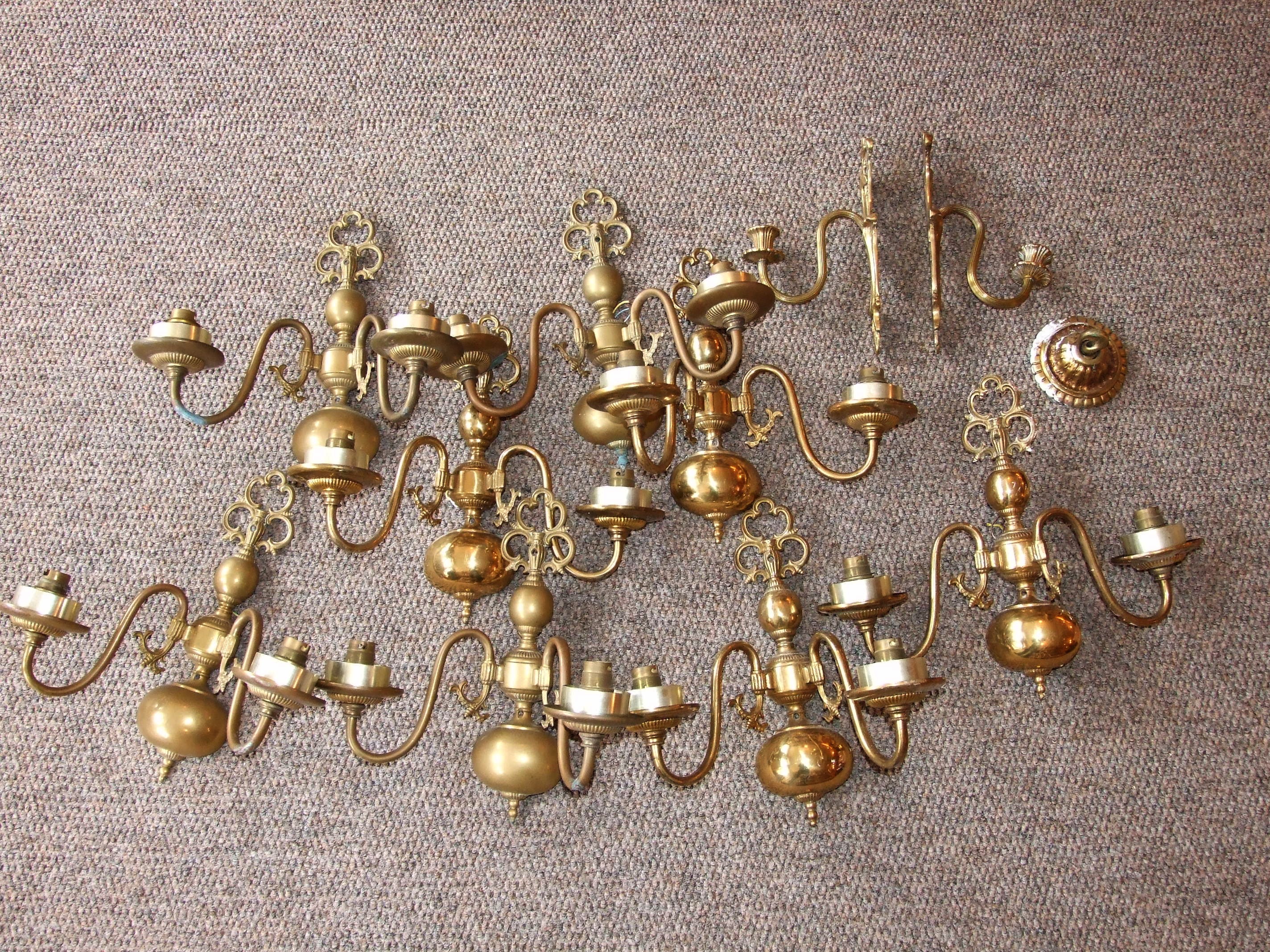 8 Brass Wall Lights and Pair of Brass Wall Sconces