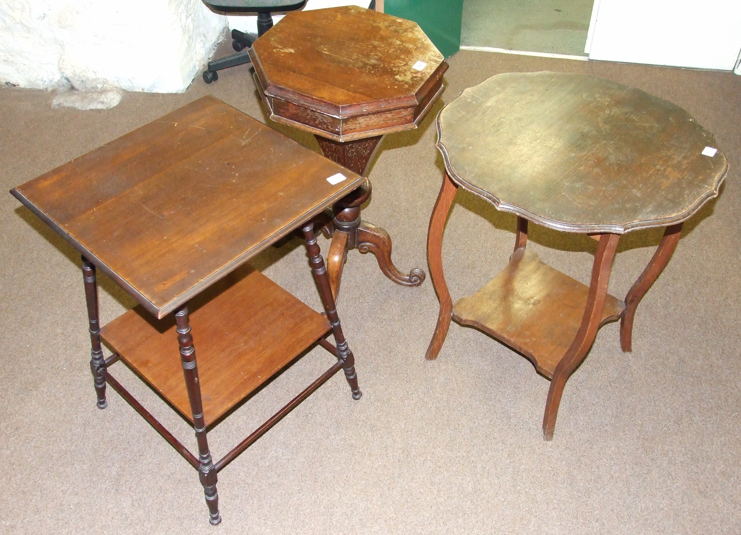 2 Edwardian Occasional Tables and Victorian Octagonal Rosewood Sewing Table