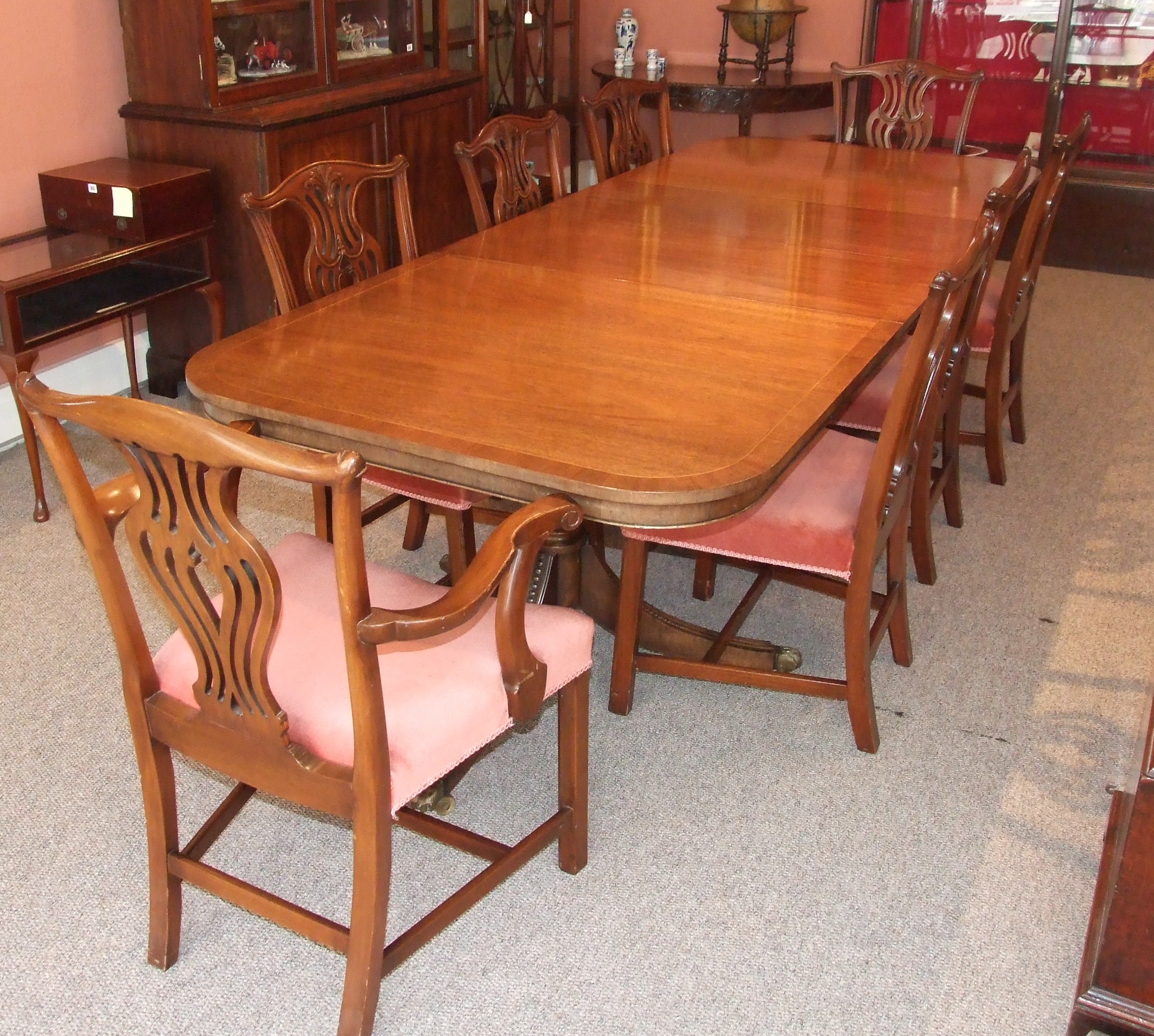 Reproduction Regency Style Mahogany Twin Pillar Extending Dining Table with 8 Chippendale Style