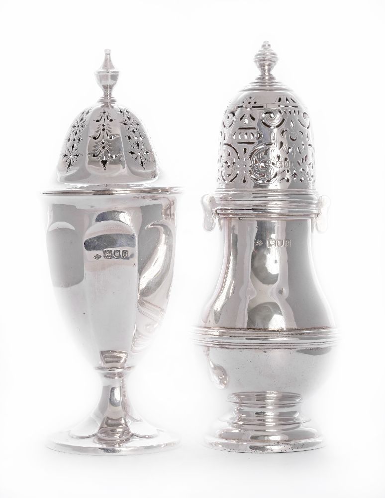 A silver sugar caster,by Wakely & Wheeler, London 1911,of baluster form with moulded girdle on