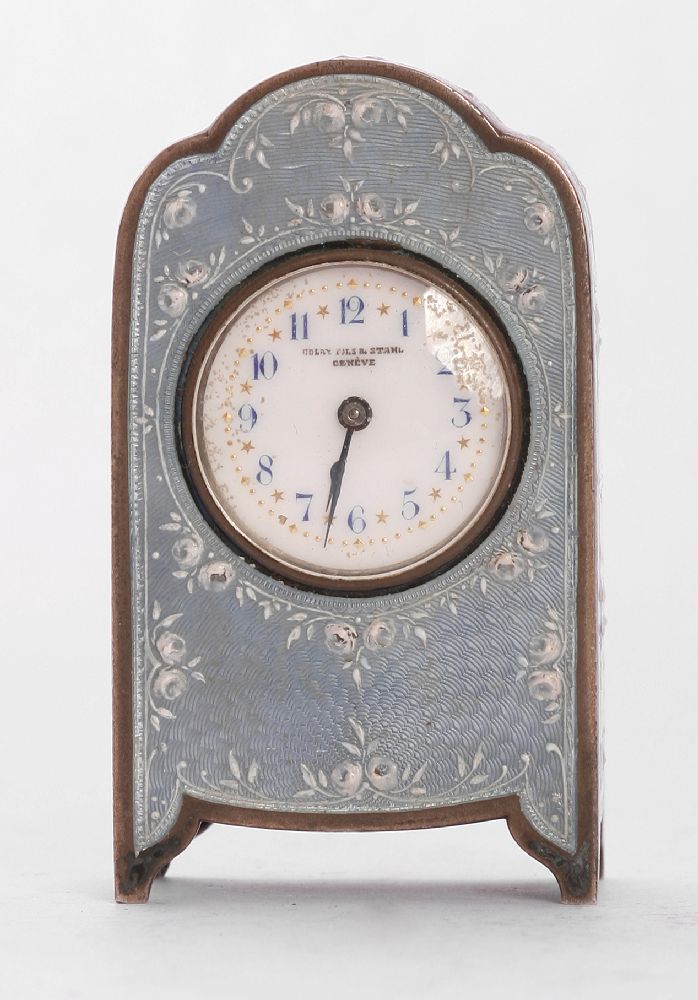 A Swiss miniature silver and blue enamel clock,by Golay Fils & Stahl, Geneva, c.1900,the blue