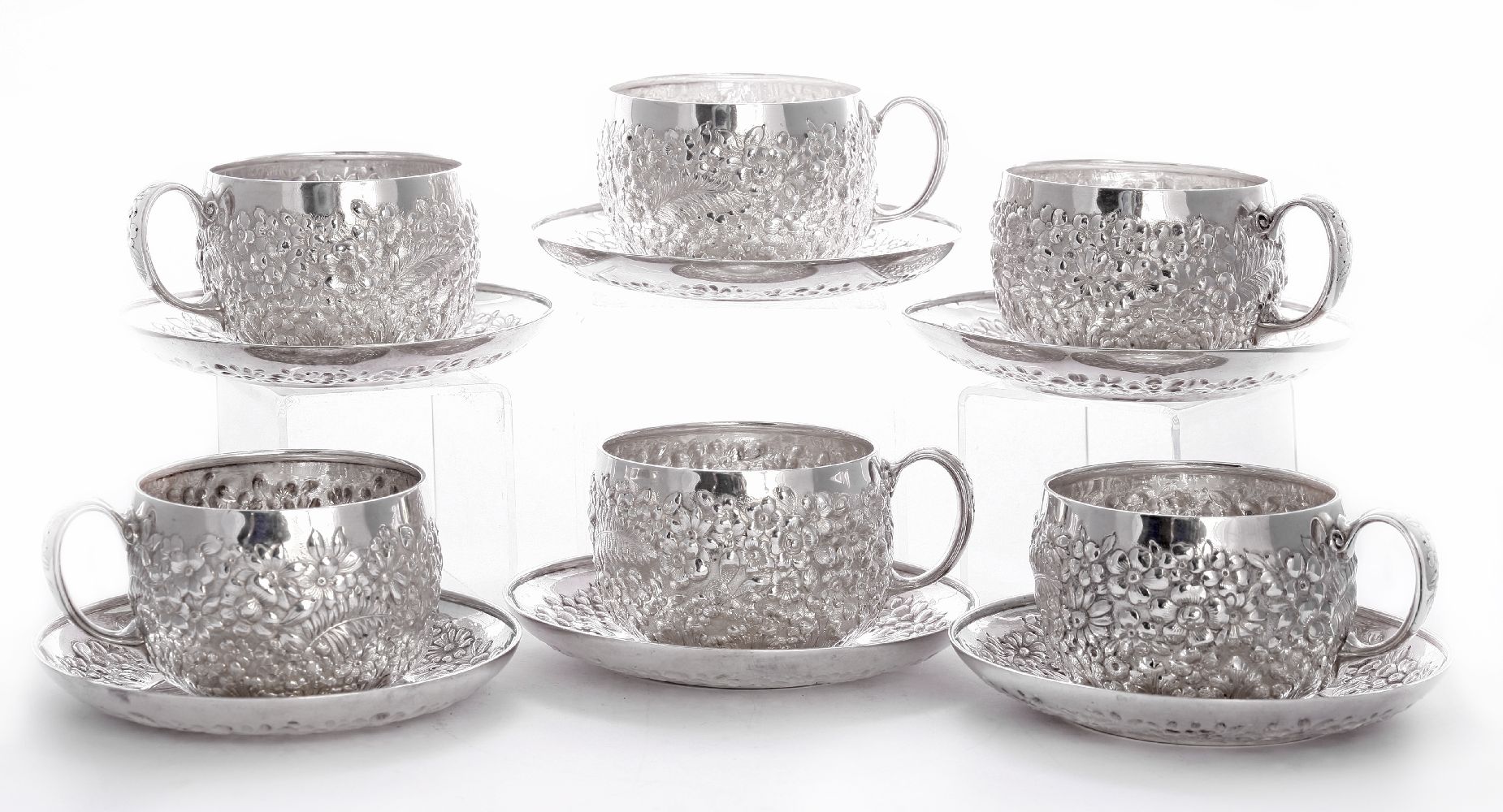 A set of six American silver cups and saucers, by Tiffany & Co., Charles L Tiffany period, 1891-