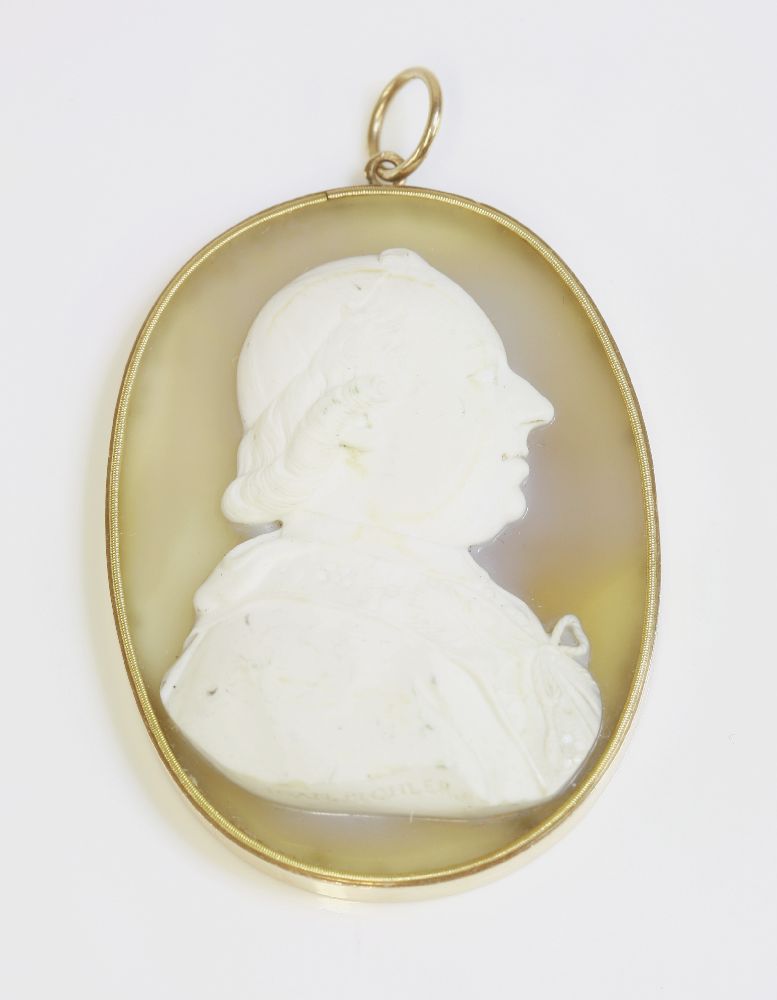 A carved hardstone cameo gold pendant depicting the bust of Pope Pius VI (Giovanni Angelo Braschi