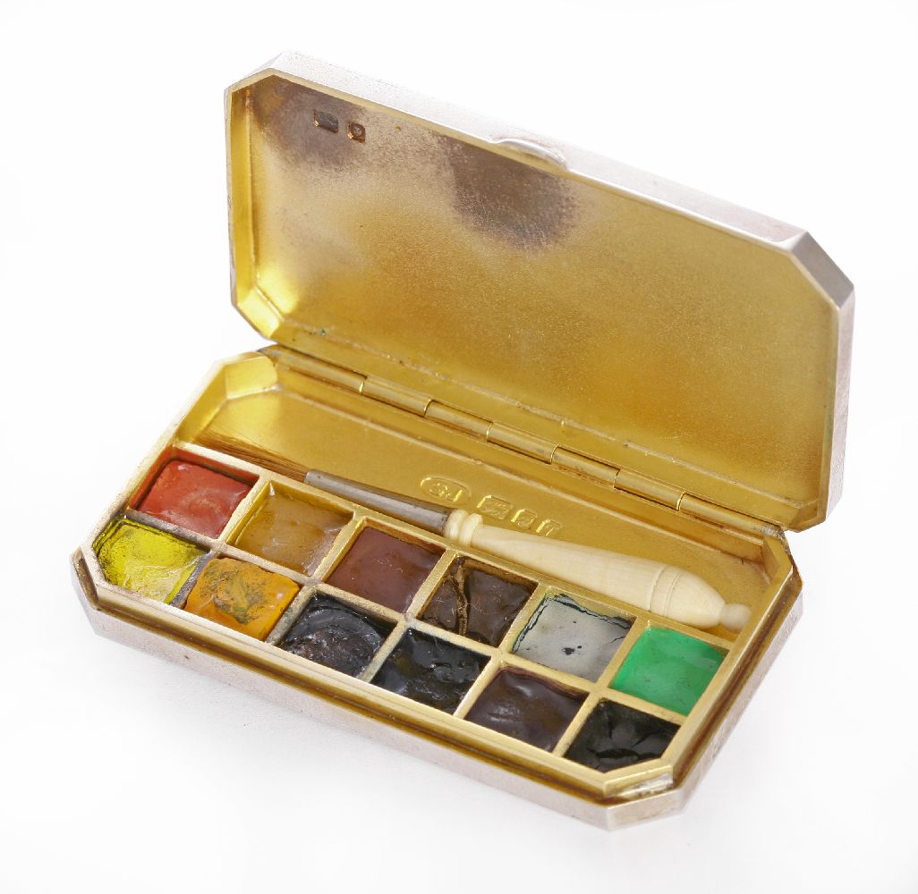 A miniature silver artist`s watercolour box, by Sarah Jones, London 1972,of rectangular form with