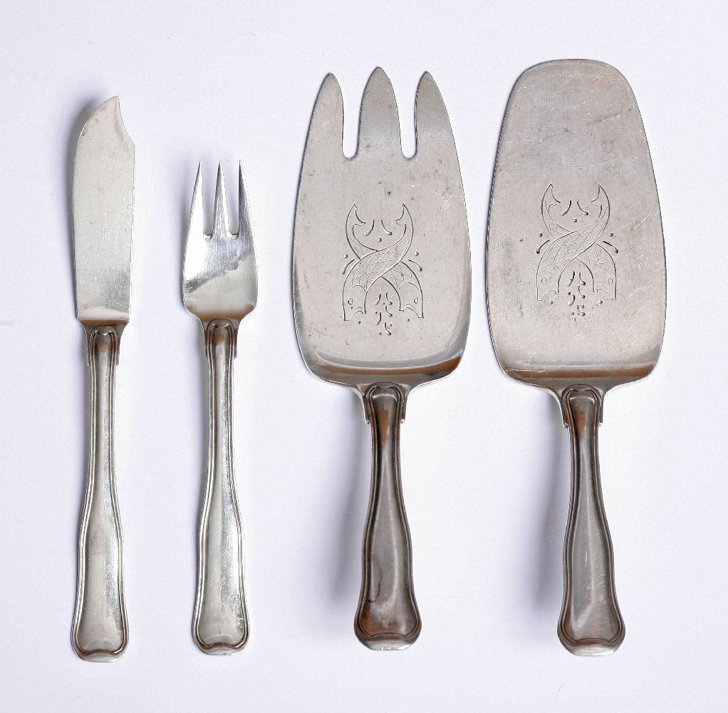 Eight pairs of metalwares Georg Jensen old danish pattern fish eaters and a pair of fish servers,