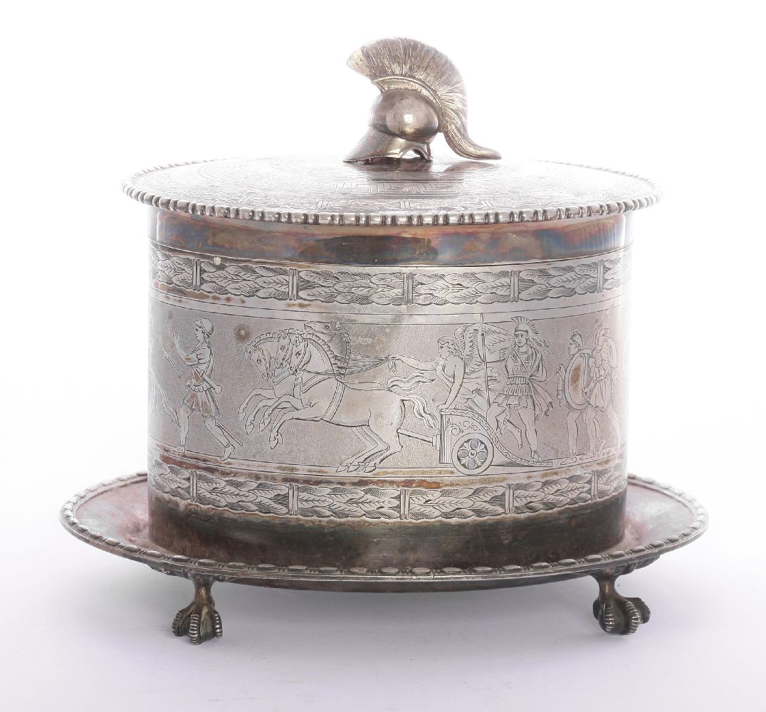 A Victorian silver-plated biscuit barrel,by Elkington & Co., 1865-97,of oval form with a continuous