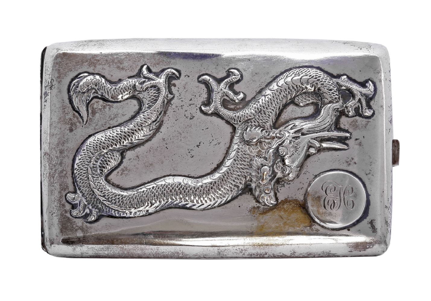 A Chinese export silver cigarette case, stamped with character mark and `MADENICHINA` in