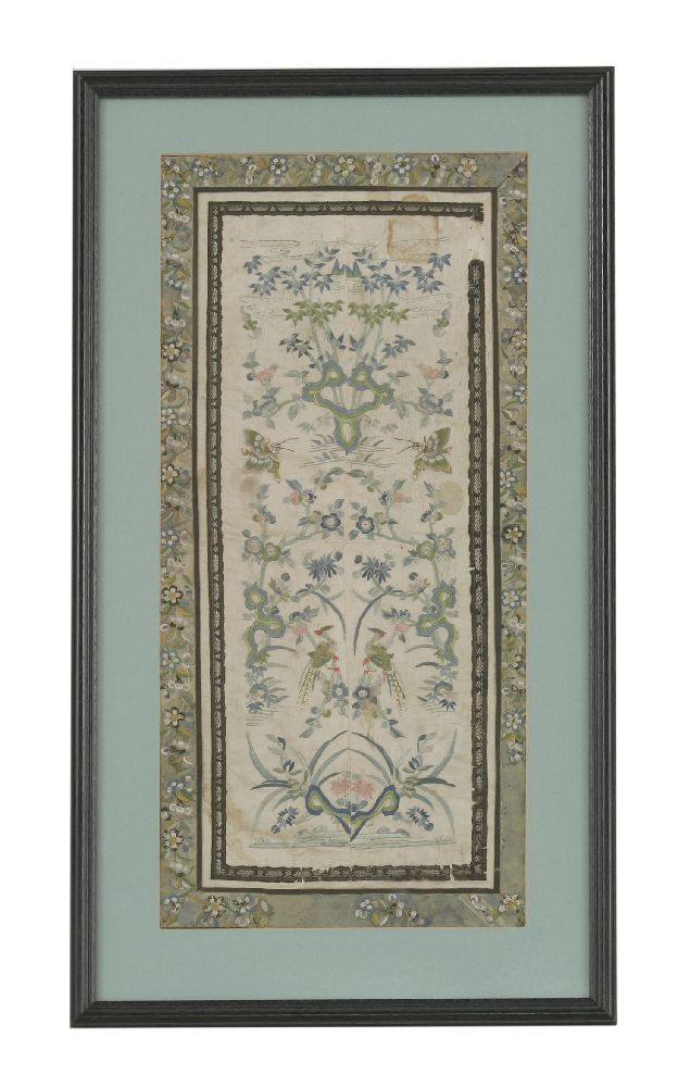 An embroidered silk panel, early 19th century, in two parts with bamboo growing from rocks above