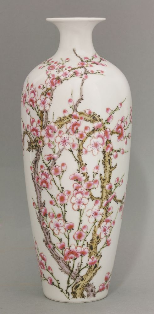 A famille rose Vase,  Republic period, painted in famille rose enamels with burgeoning prunus