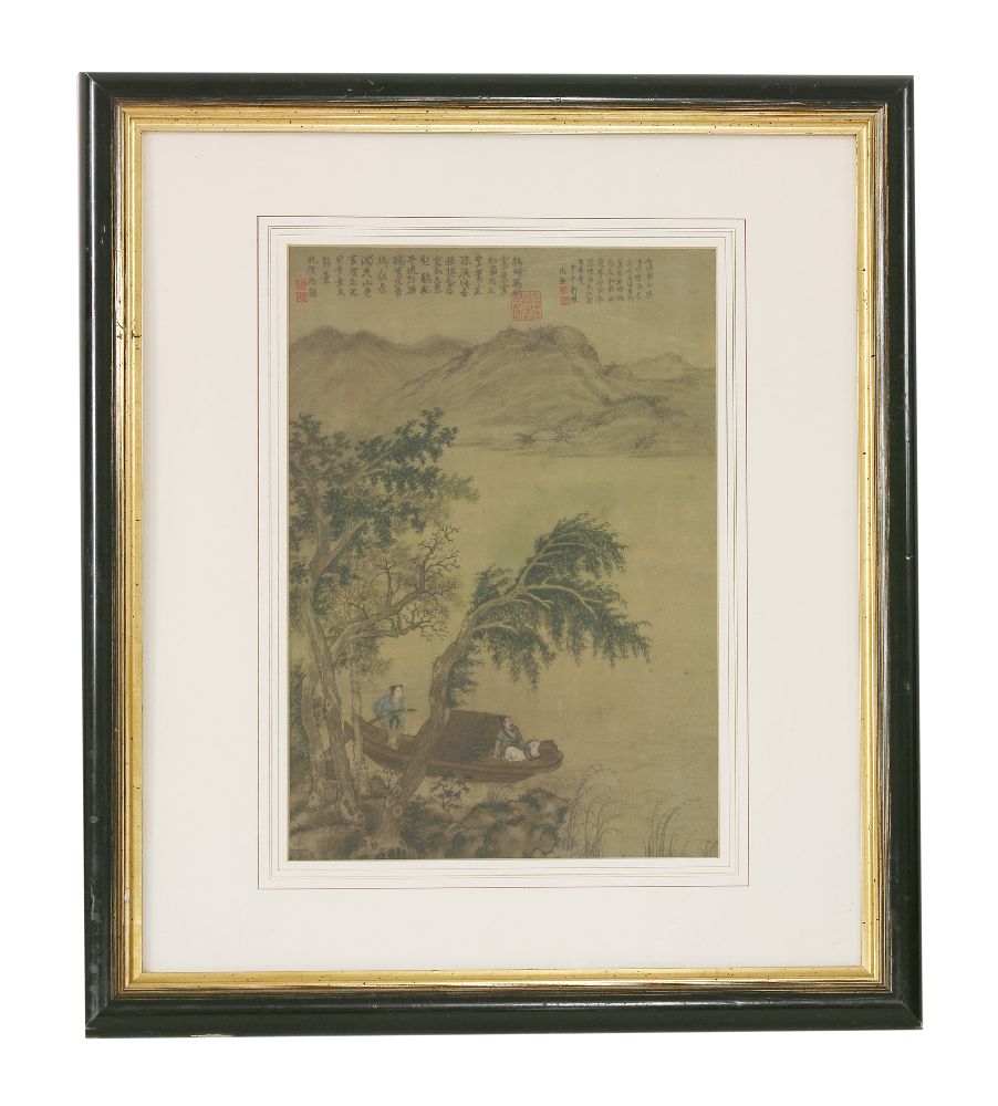 A Painting on silk,  20th century, of a literatus being punted by a boy under trees on a lake, a
