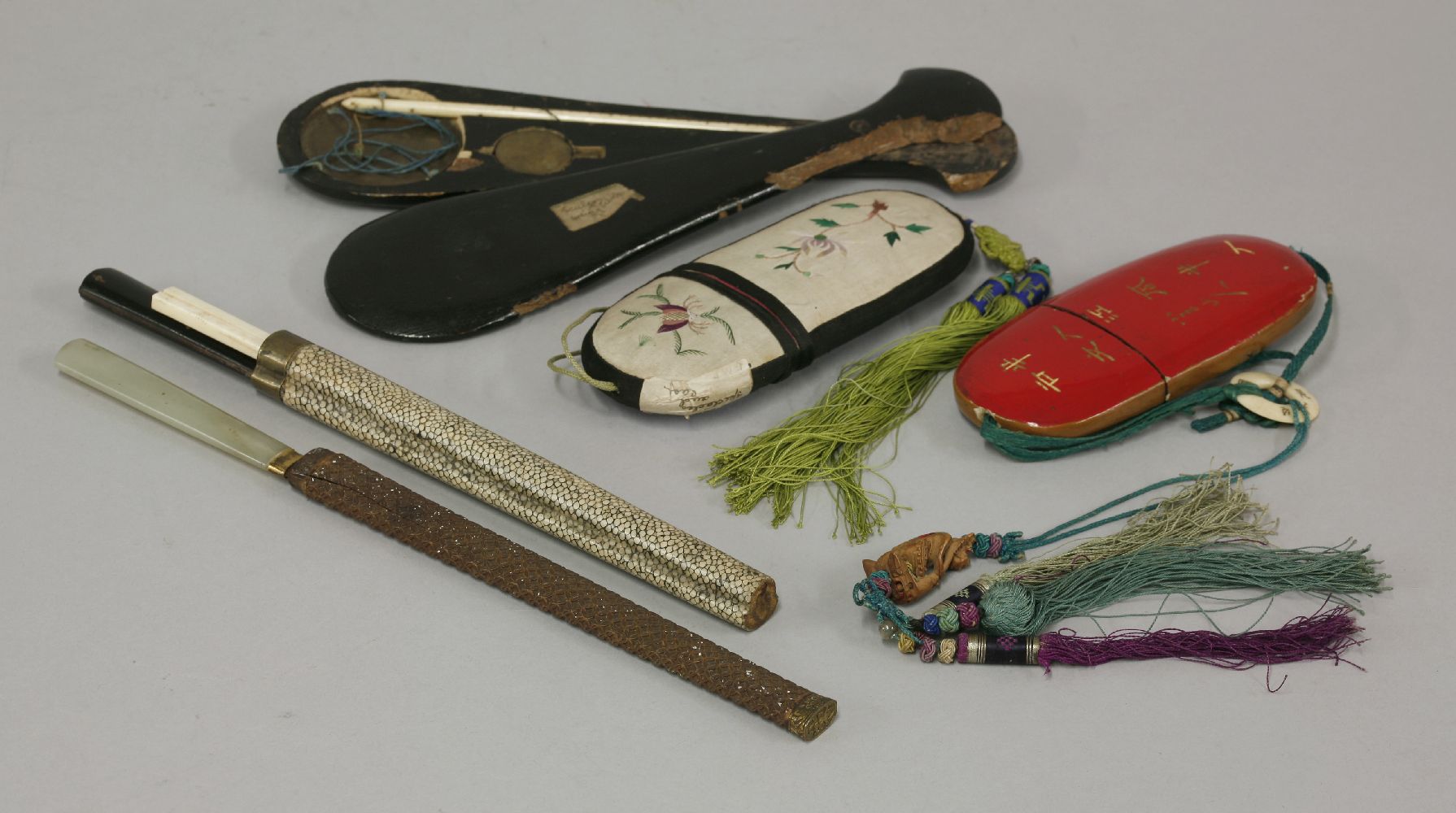 An eating set, shagreen case, 30cm, a knife with jade handle and diapered wood sheath, an