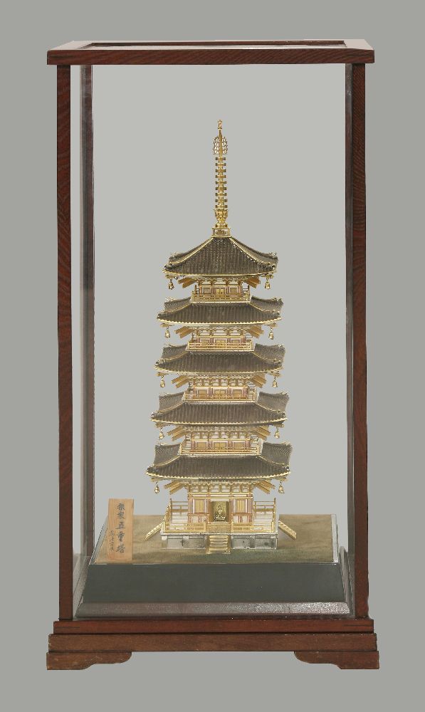 A silver-gilt Pagoda,  second half of the 20th century, the five-storeyed building with sloping roof - Image 4 of 4