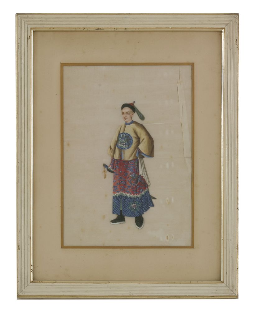 A set of six pith paintings, c.1830, each of a court official or consort, splits, repairs, stains,