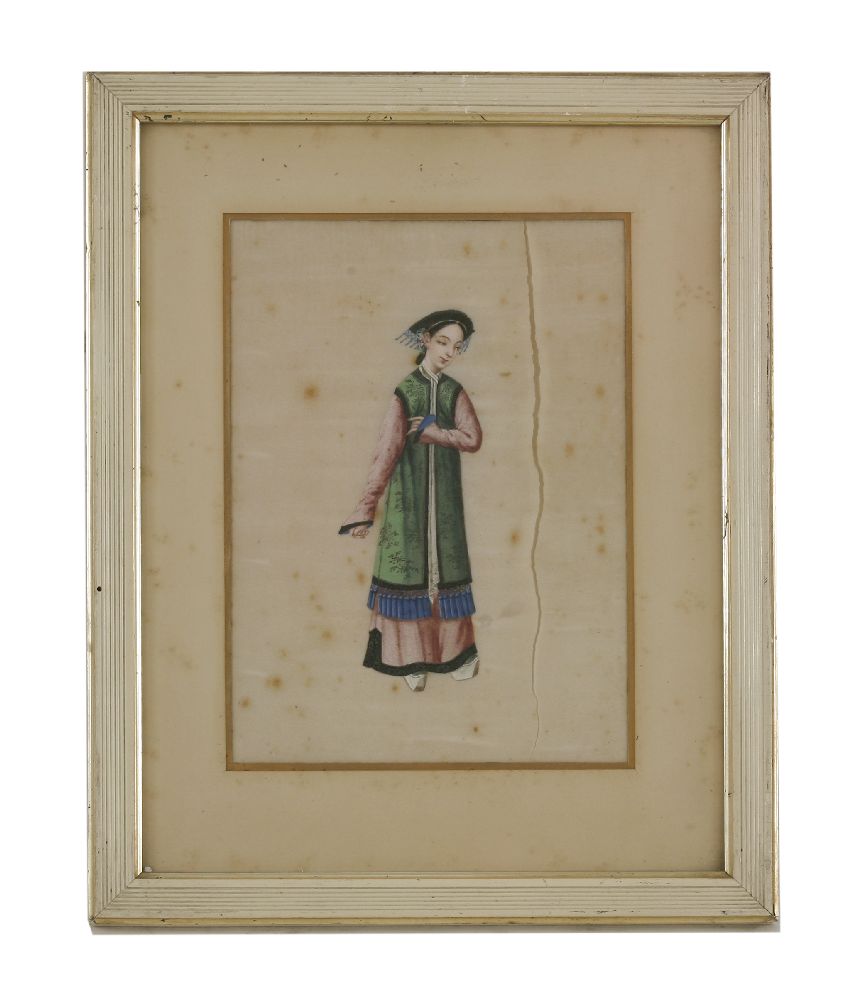 A set of six pith paintings, c.1830, each of a court official or consort, splits, repairs, stains, - Image 6 of 6