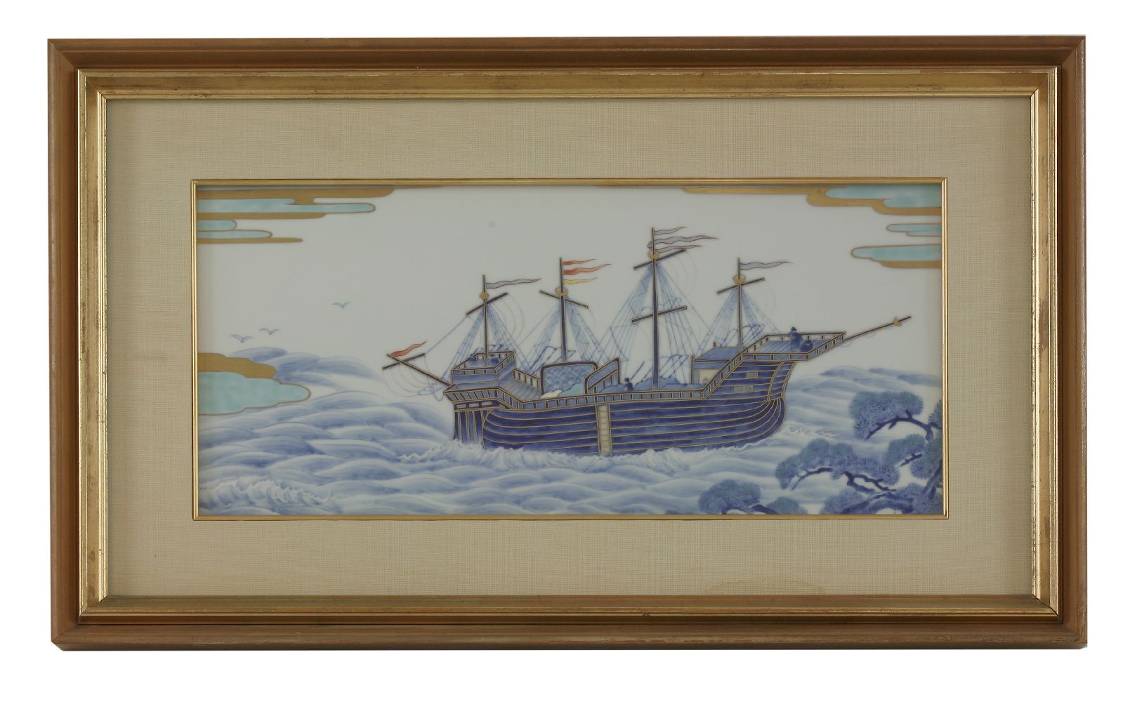 A Fukagowa Panel, 20th century, painted predominantly in blue with five-masted cargo junk,