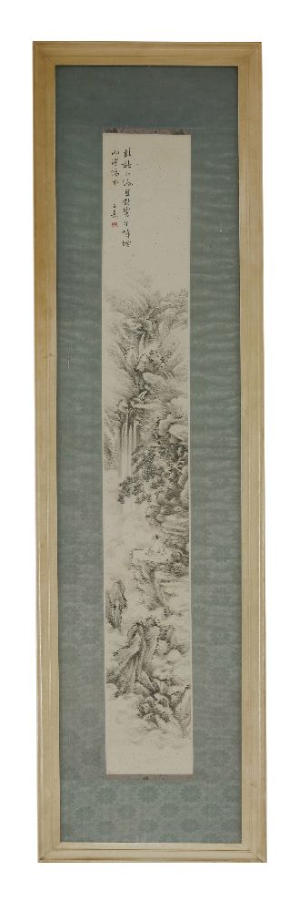 A monochrome hanging Scroll,  early 20th century, painted en grisaille with a literatus on a rocky