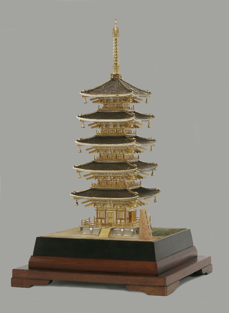 A silver-gilt Pagoda,  second half of the 20th century, the five-storeyed building with sloping roof - Image 2 of 4