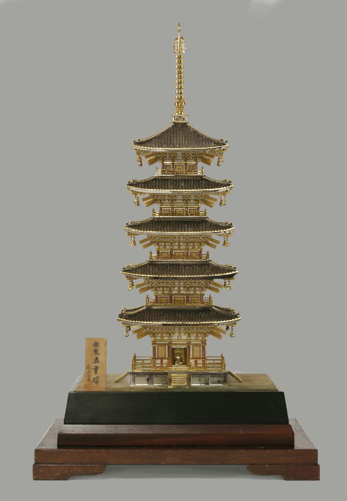 A silver-gilt Pagoda,  second half of the 20th century, the five-storeyed building with sloping roof