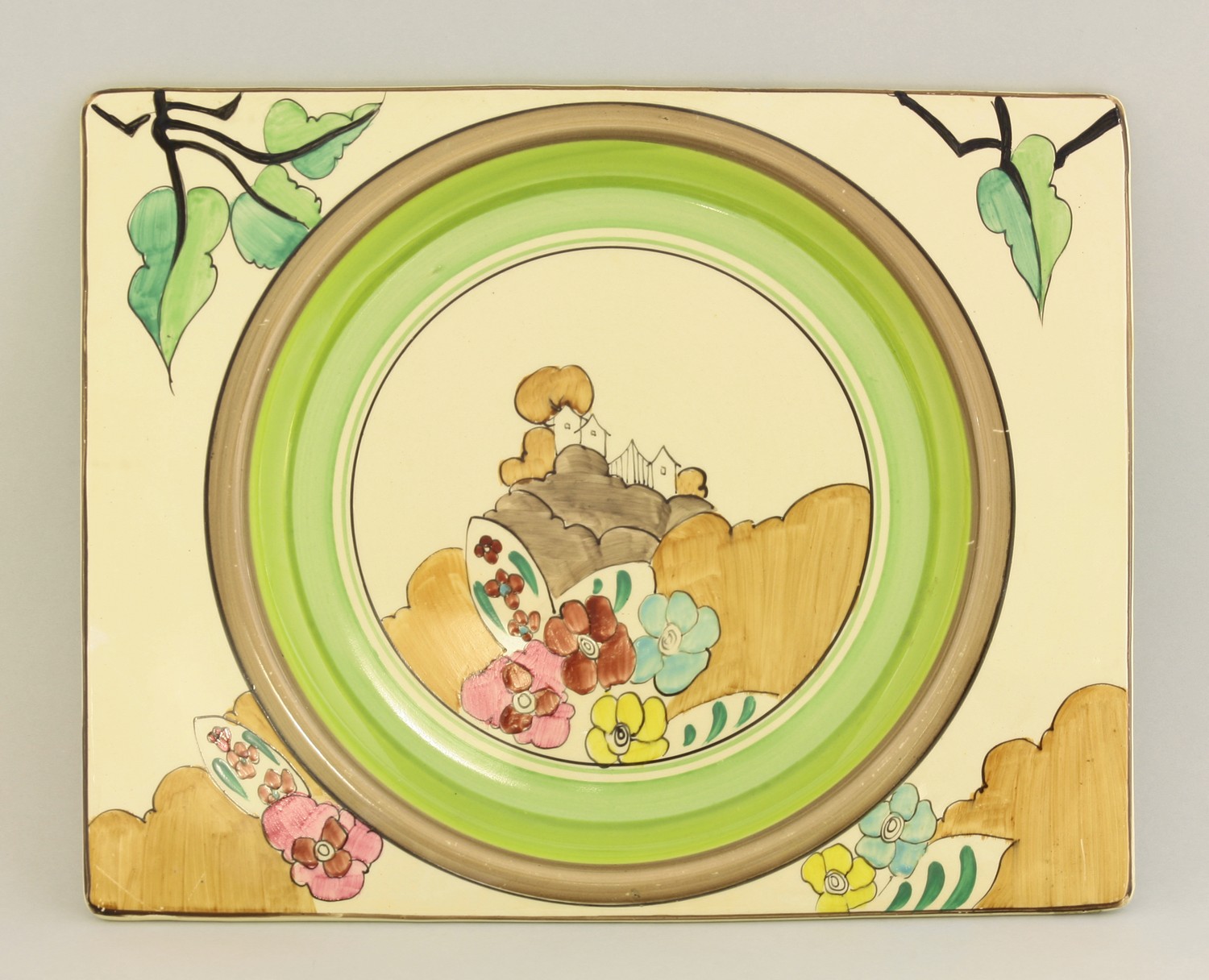 A Clarice Cliff 'Alton' pattern Biarritz plate,
printed marks, 
26.5cm wide
 CONDITION REPORT: