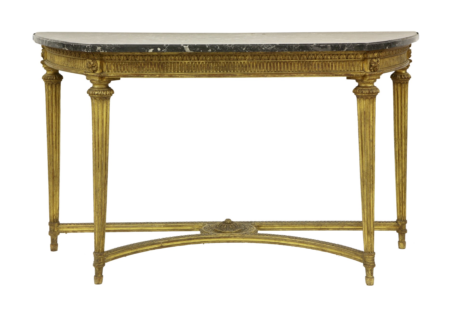 A matched pair of French neoclassical pier tables,
one c.1780 and one c.1900, each with grey-