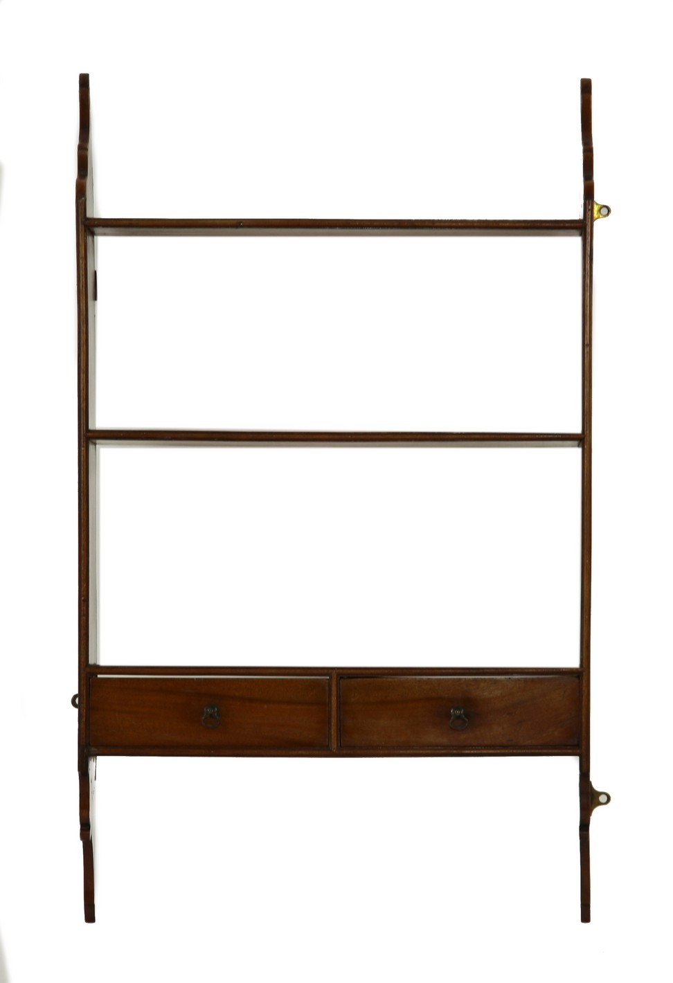 A set of mahogany wall shelves,  
late 19th century, with two base drawers,
77cm high     EW