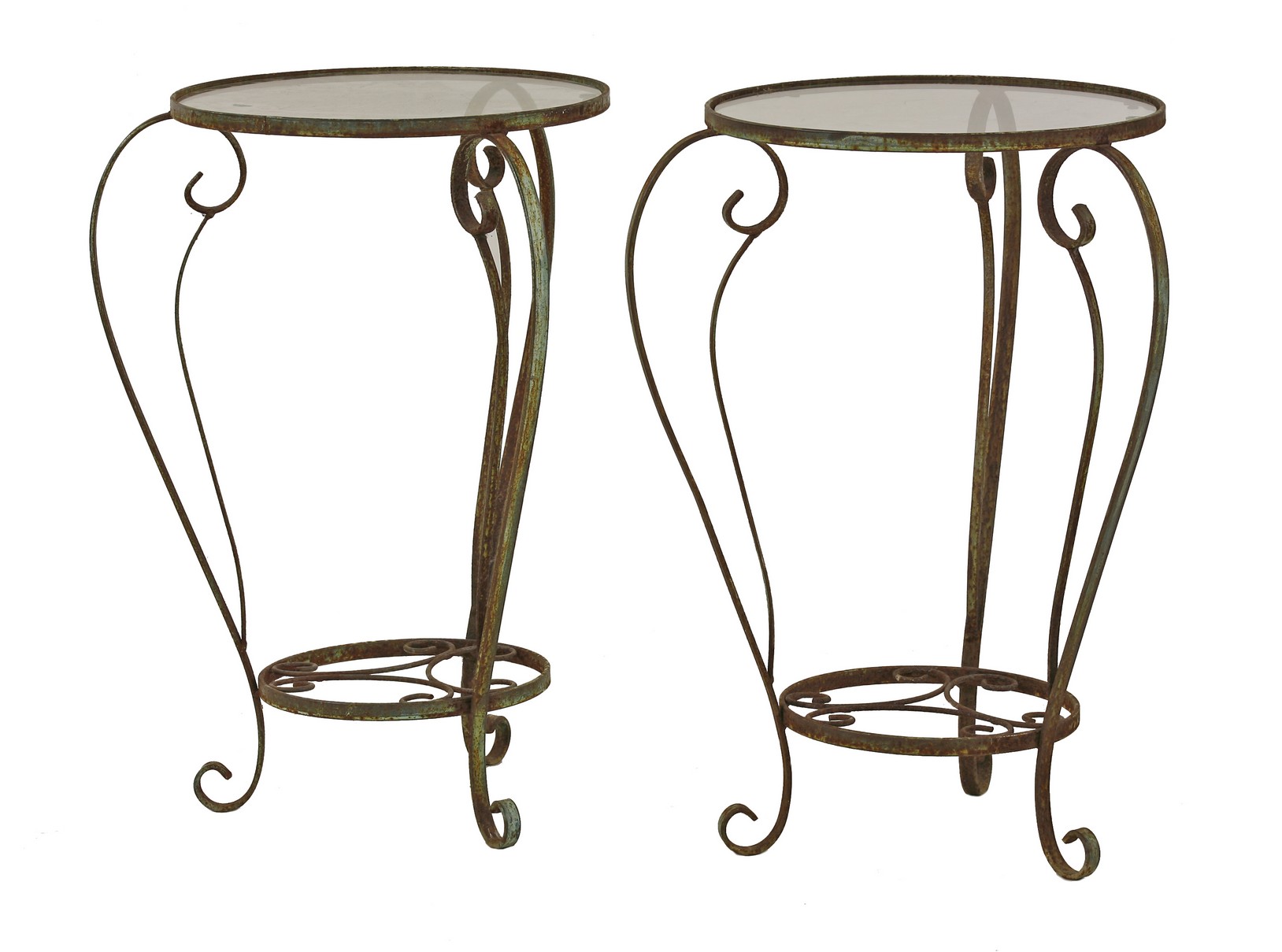 A pair of French wrought iron cafe table bases,
green painted with later glass tops,
64cm high (2)