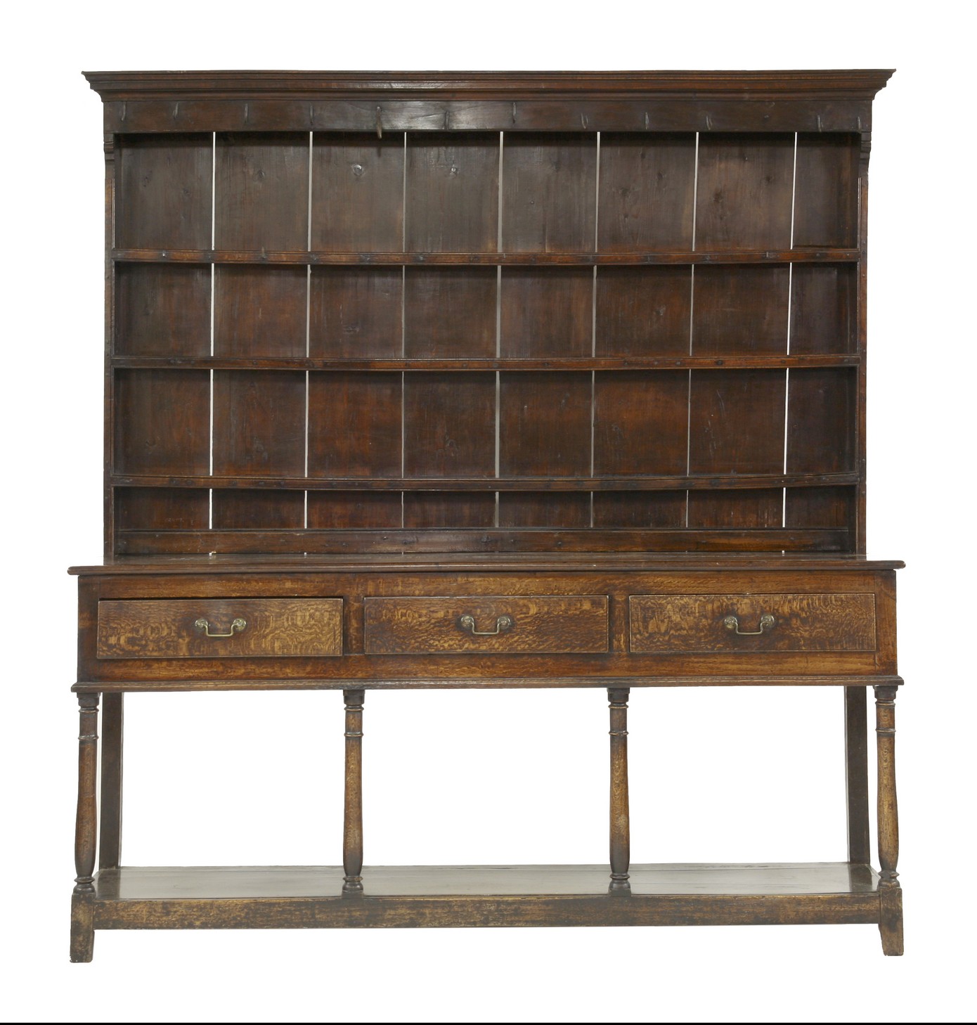 An oak dresser, 
18th century, the closed plate rack with iron hooks, on a pot board base,
187cm