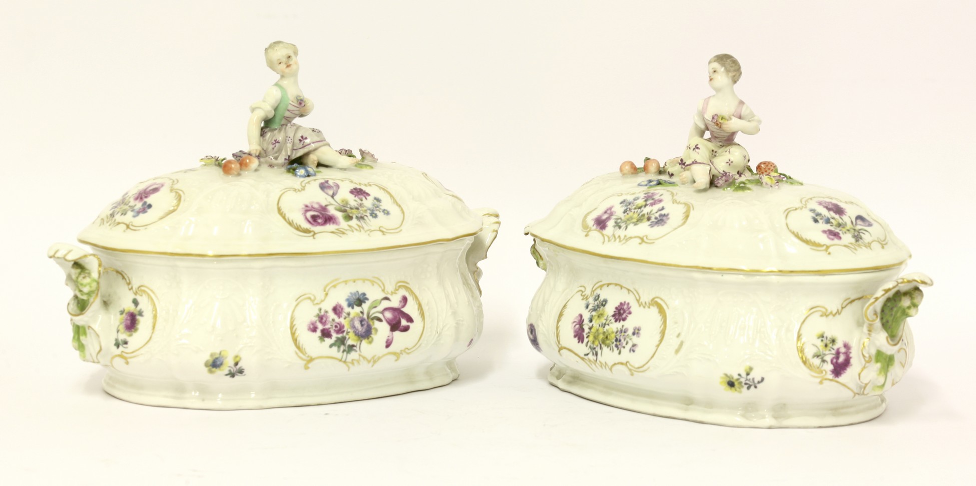 A pair of Meissen Tureens and Covers,
c.1760, each moulded with leaves and flowers and centred