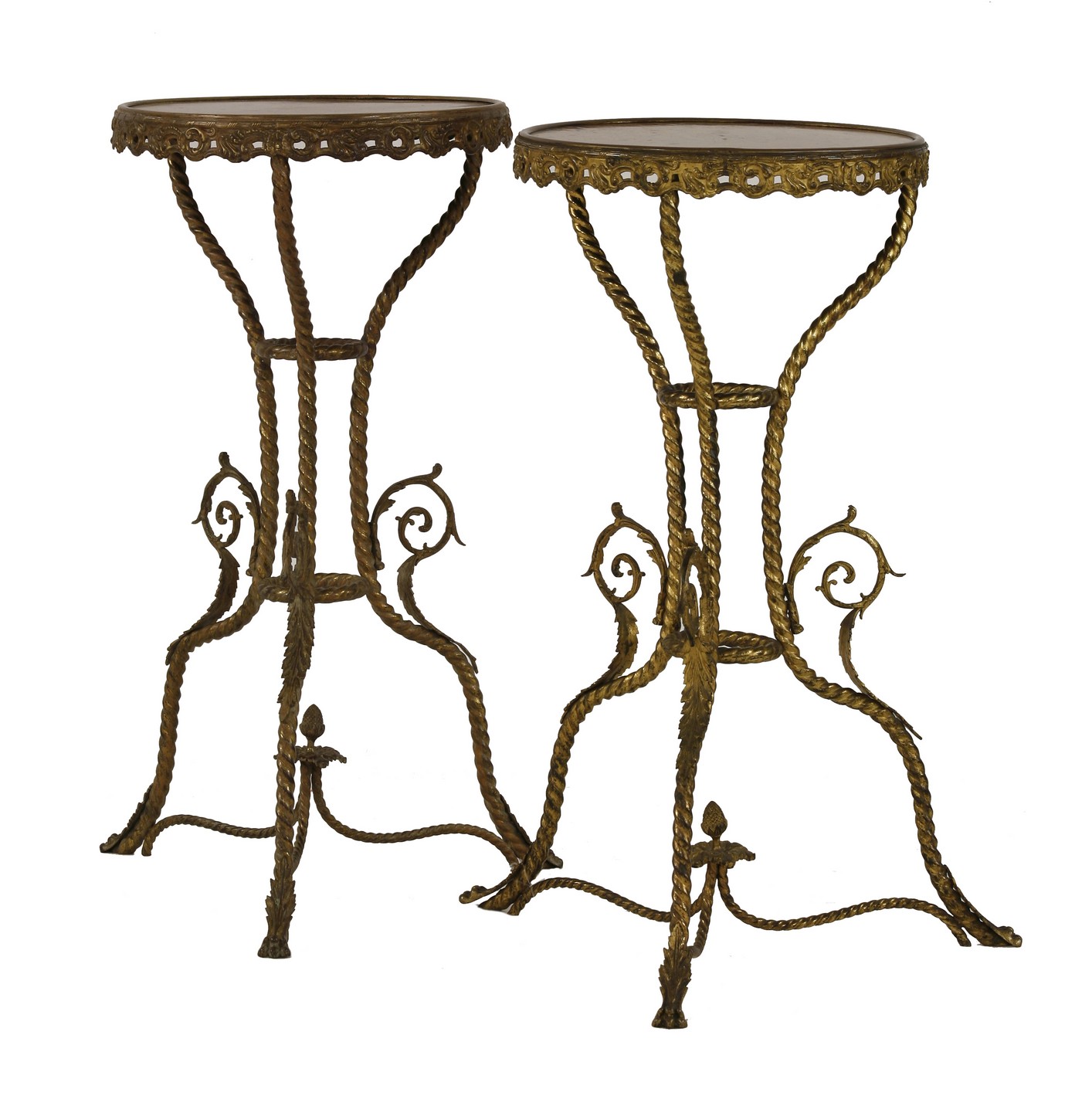 A pair of Charles X burr elm and gilt metal guéridons,
the circular tops on triform bases with