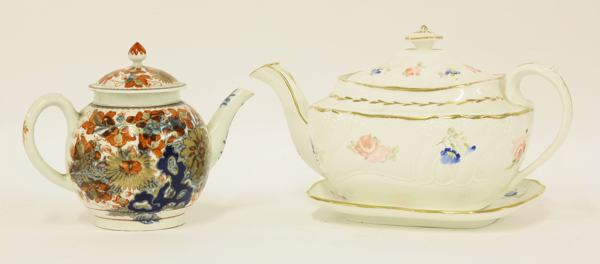 A Swansea Teapot, Cover and Stand,
early 19th century, of cushion shape with ozier borders and