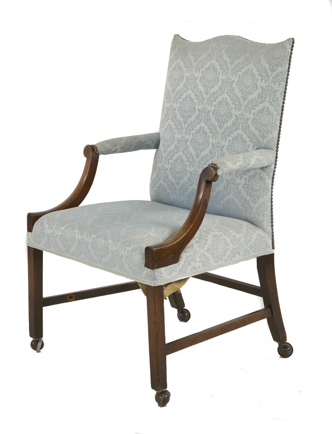 A Chippendale period mahogany library chair,
upholstered in pale blue damask CONDITION REPORT: One