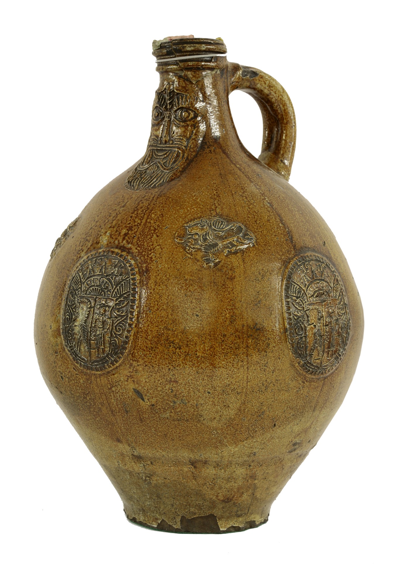 A large German stoneware Bellarmine,
1670, the heavy ovoid body sprigged with a figure, feathers and