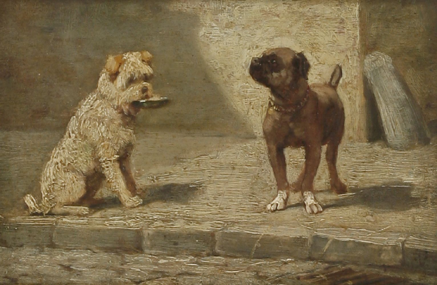 French School, late 19th century`RICHE ET PAUVRE` - TWO DOGS ON A STREETInscribed verso, oil on pane