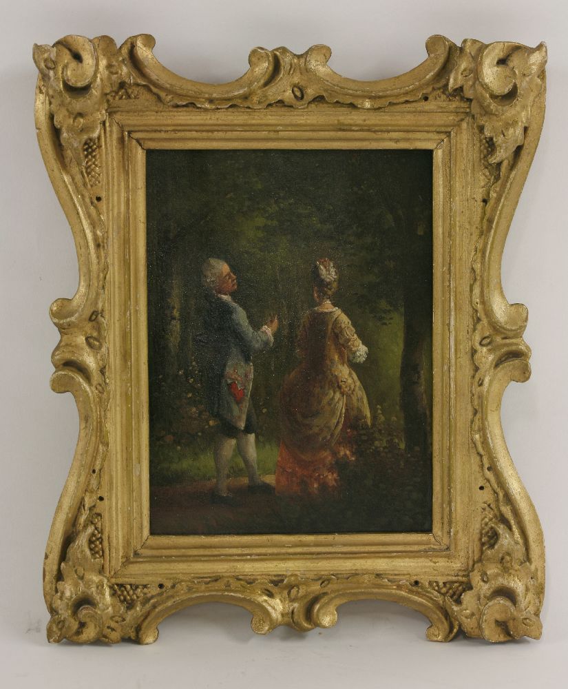 French School, 20th centuryA COUPLE PROMENADING IN 18TH CENTURY COSTUME Oil on panel 21 x 16cm