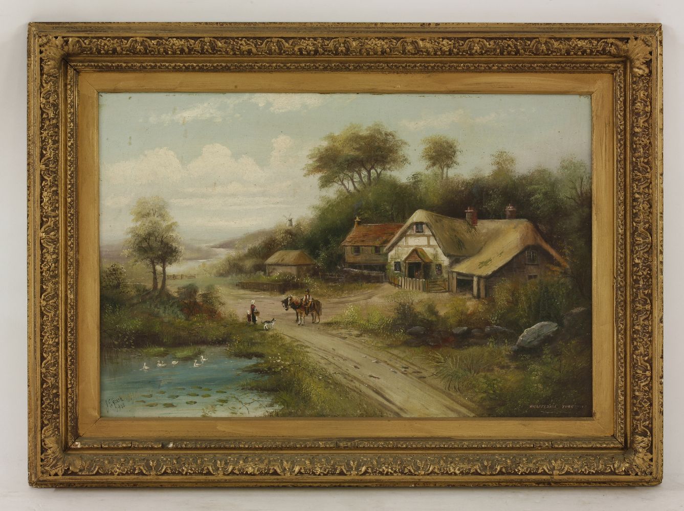 J... E... Goard, early 20th centuryA LANDSCAPE WITH FIGURES OUTSIDE A THATCHED COTTAGE,