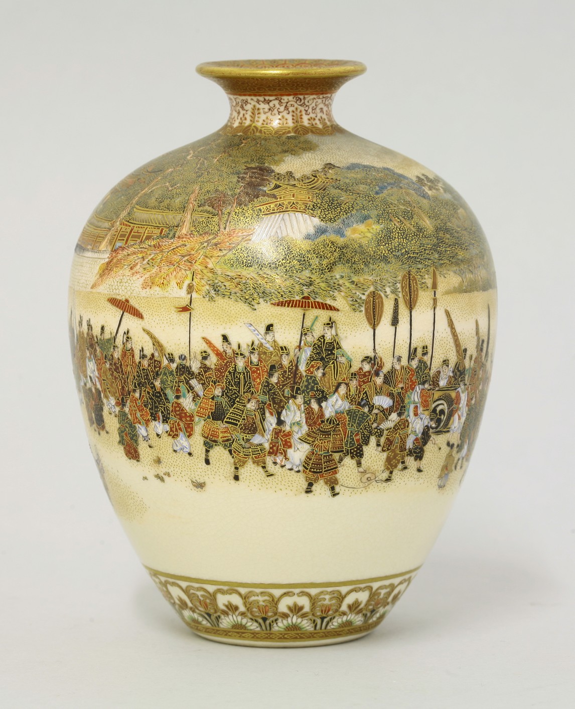 A Meizan Kyoto 'Satsuma' Vase,
c.1890, the heavy ovoid body painted with a long procession emanating