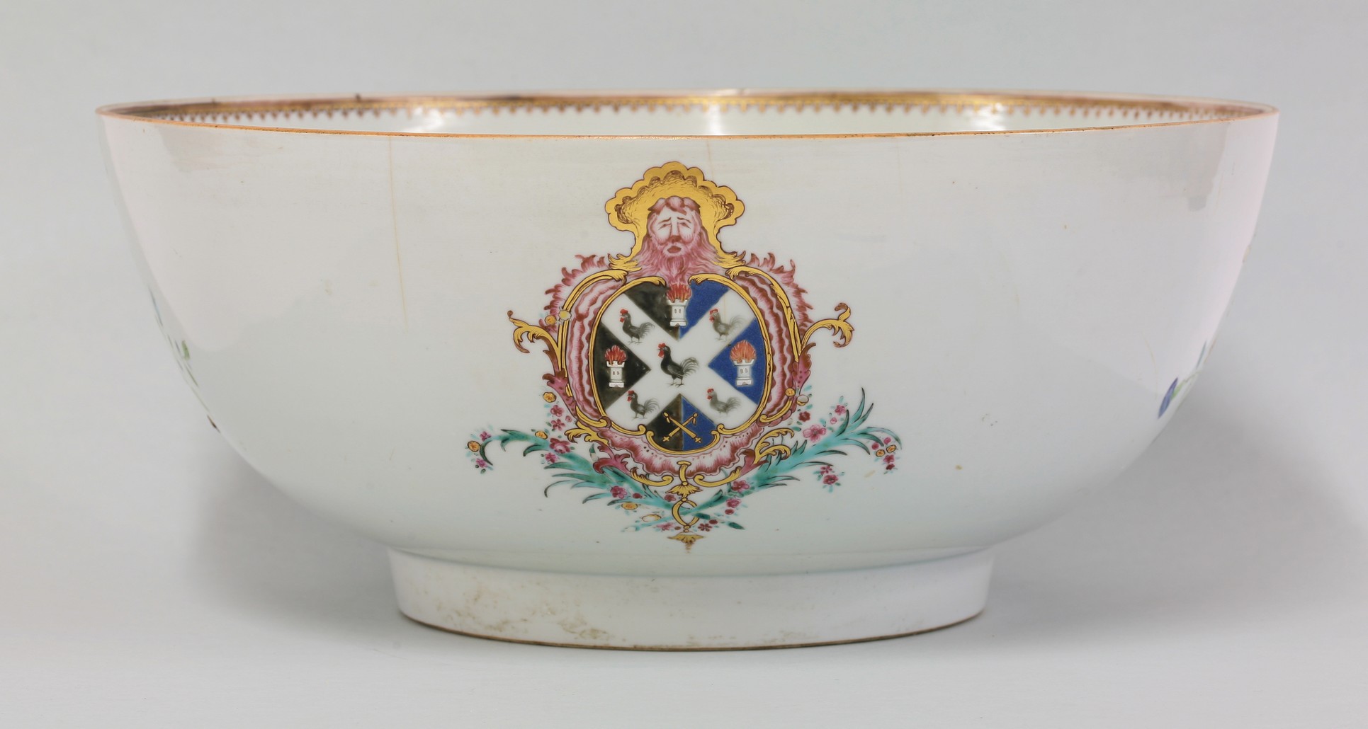 A large Punch Bowl,
third quarter 18th century, enamelled and gilt with arms, possibly